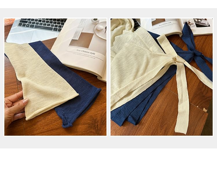 V-Neck Long-Sleeve Plain Tie-Front Knit Top