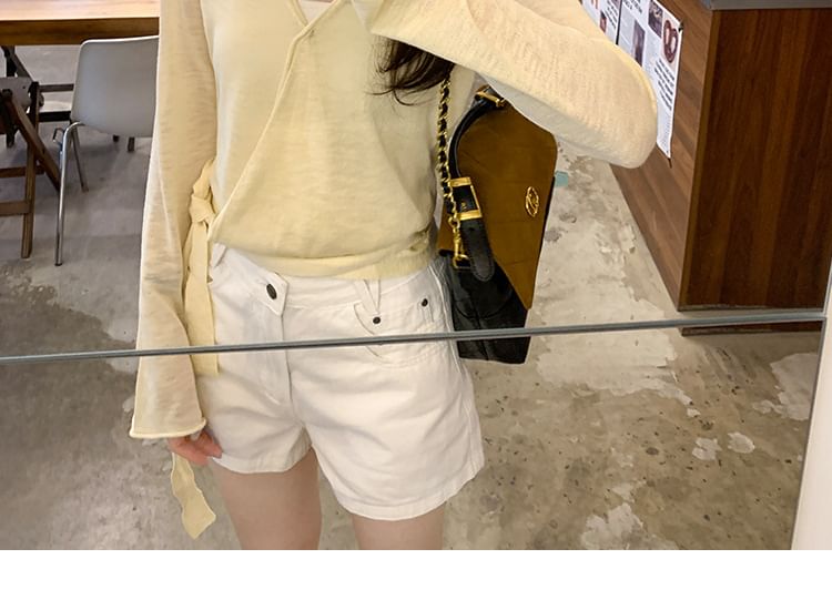 V-Neck Long-Sleeve Plain Tie-Front Knit Top