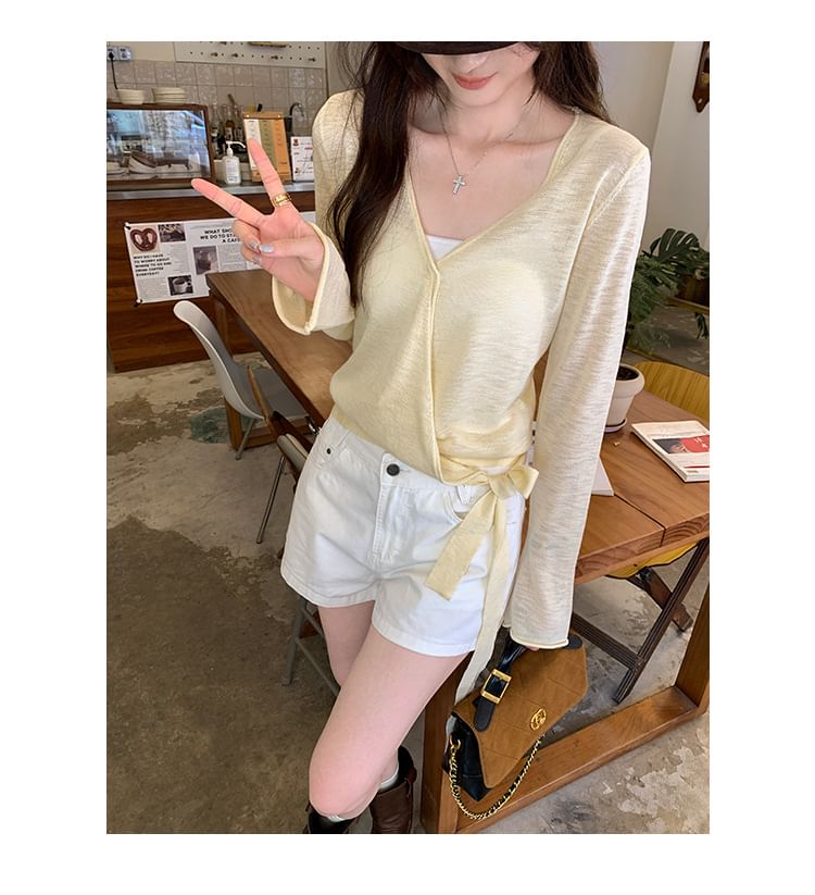 V-Neck Long-Sleeve Plain Tie-Front Knit Top