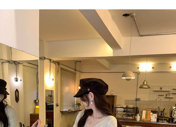 V-Neck Long-Sleeve Plain Tie-Front Knit Top