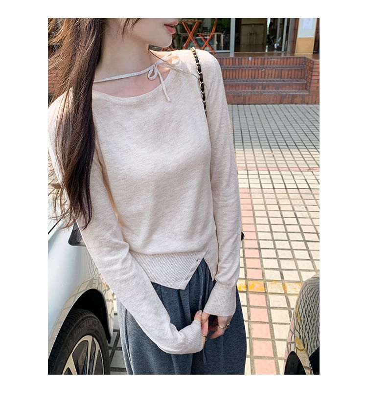 Round-Neck Long-Sleeve Plain Button-Slit Knit Top