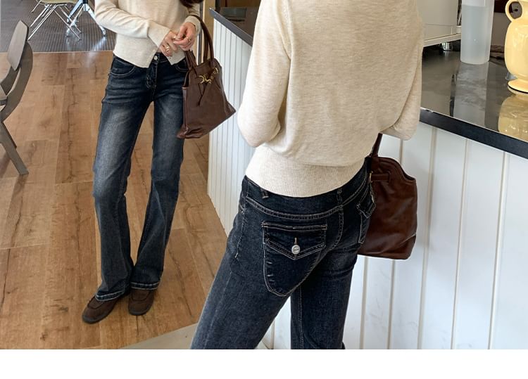 Round-Neck Long-Sleeve Plain Button-Slit Knit Top