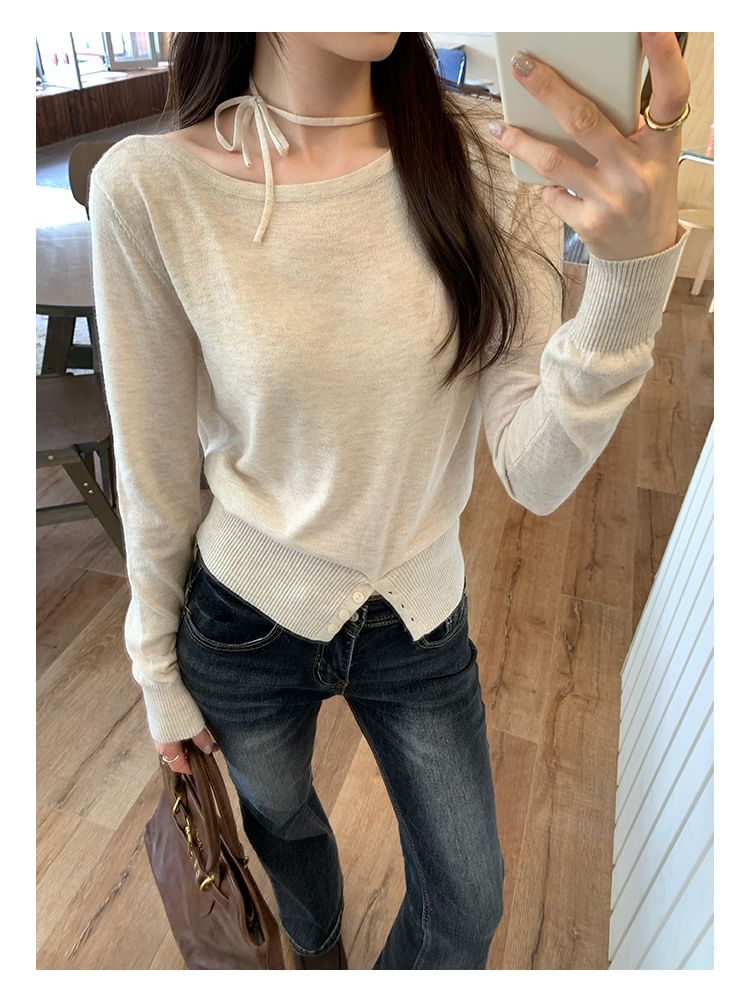Round-Neck Long-Sleeve Plain Button-Slit Knit Top
