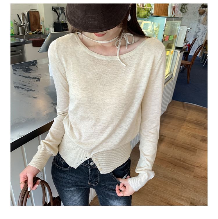 Round-Neck Long-Sleeve Plain Button-Slit Knit Top