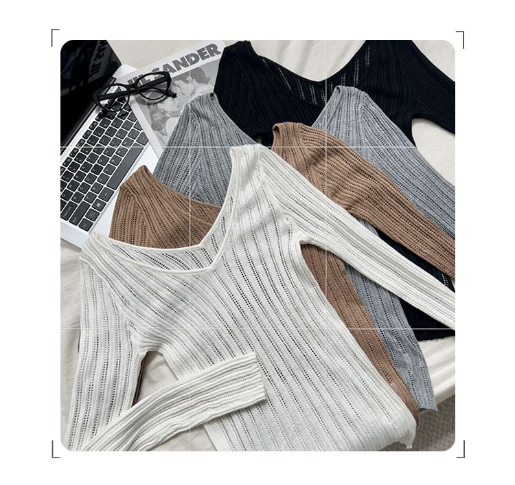 V-Neck Long-Sleeve Plain Ribbed Knit Top