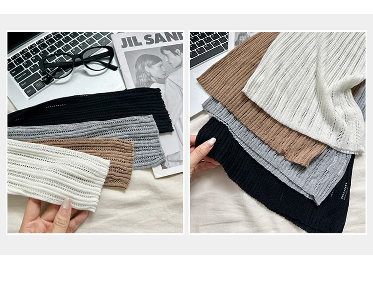 V-Neck Long-Sleeve Plain Ribbed Knit Top