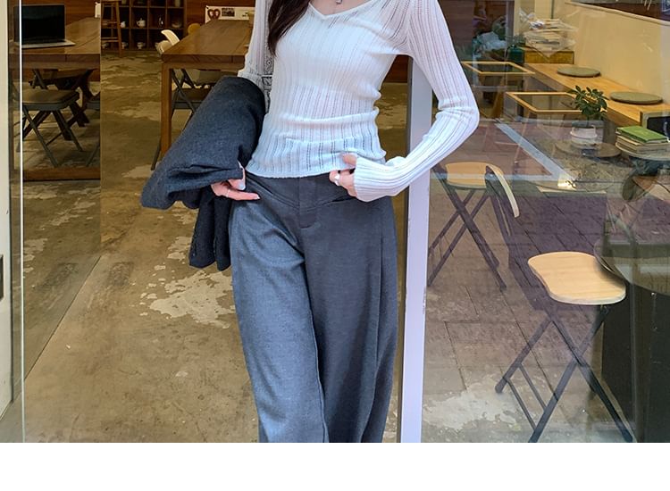 V-Neck Long-Sleeve Plain Ribbed Knit Top