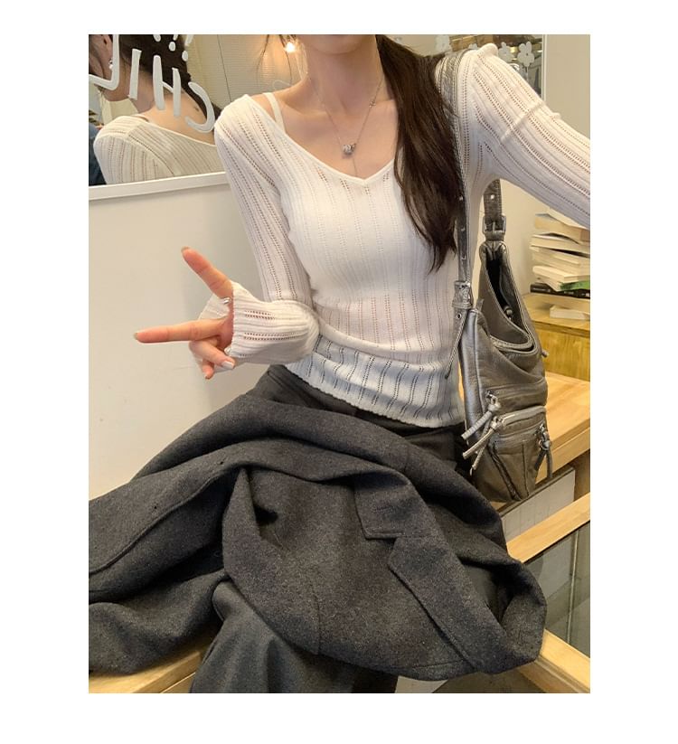 V-Neck Long-Sleeve Plain Ribbed Knit Top