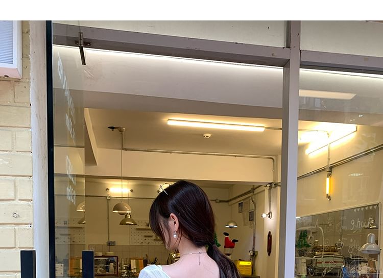 V-Neck Long-Sleeve Plain Ribbed Knit Top