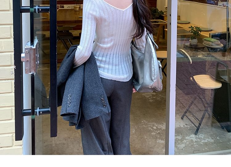 V-Neck Long-Sleeve Plain Ribbed Knit Top