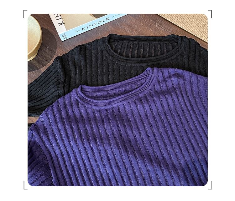 Round-Neck Long-Sleeve Plain Ribbed Knit Top