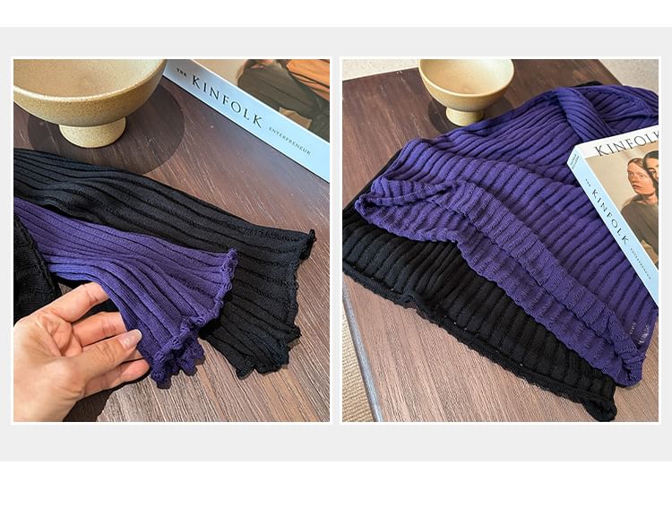 Round-Neck Long-Sleeve Plain Ribbed Knit Top