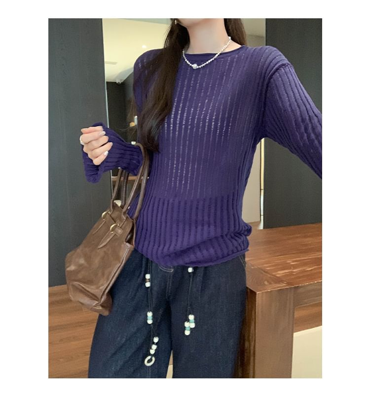 Round-Neck Long-Sleeve Plain Ribbed Knit Top