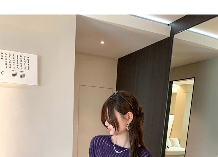 Round-Neck Long-Sleeve Plain Ribbed Knit Top