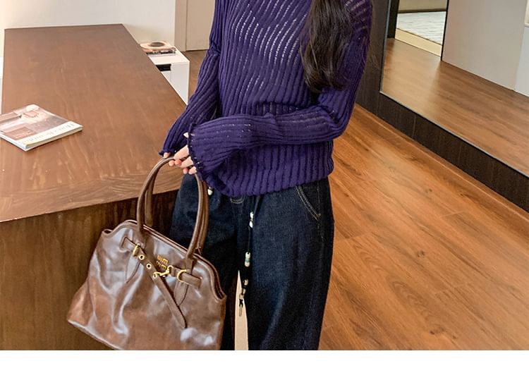 Round-Neck Long-Sleeve Plain Ribbed Knit Top
