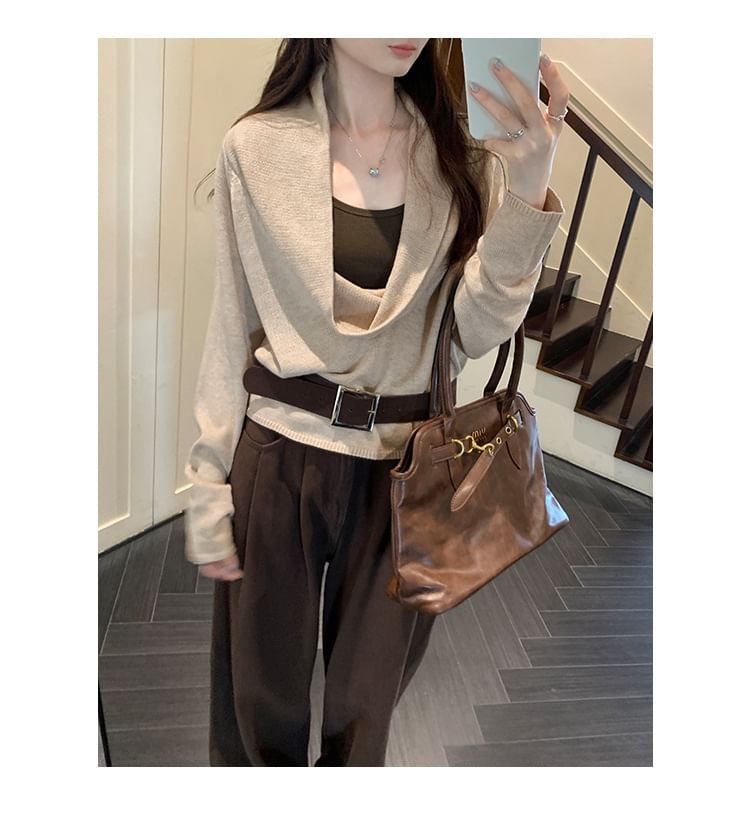 Cowl Neck Long Sleeve Solid Knit Top