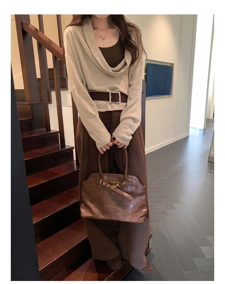 Cowl Neck Long Sleeve Solid Knit Top