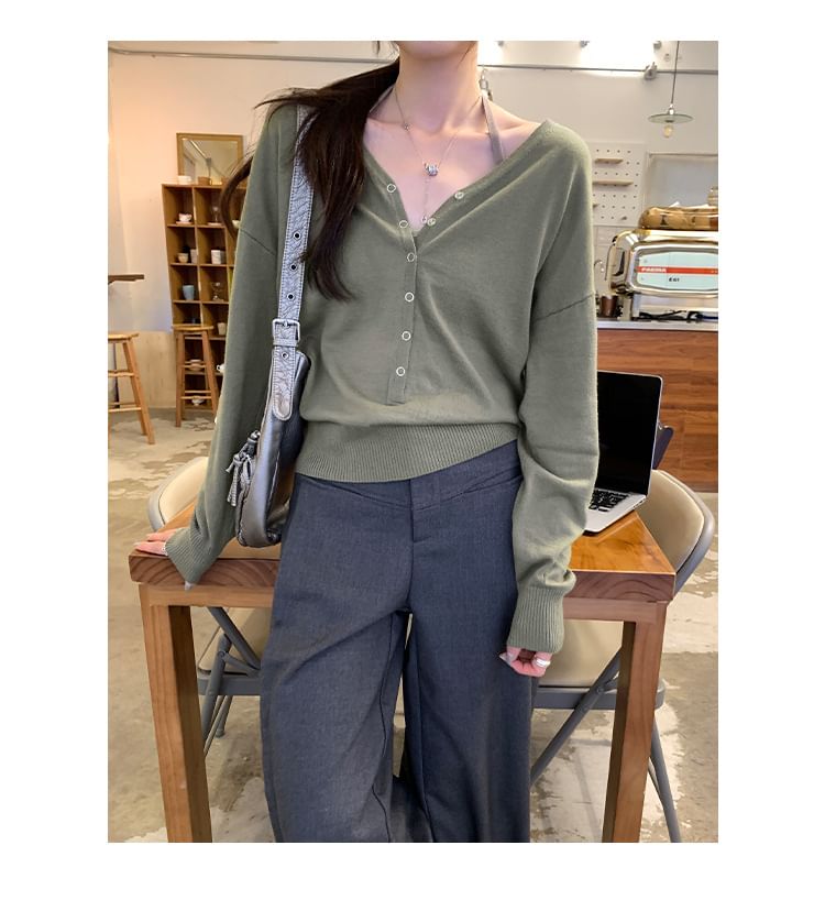 V-Neck Long-Sleeve Henley Plain Knit Top