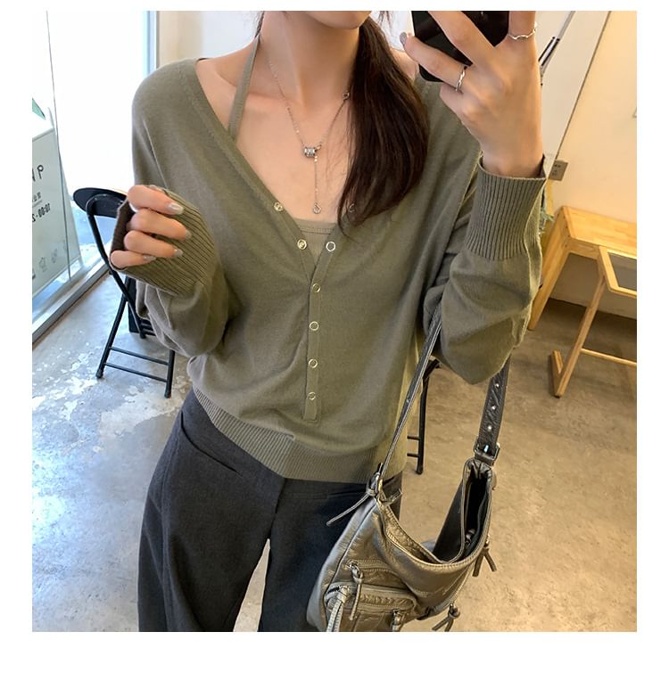 V-Neck Long-Sleeve Henley Plain Knit Top