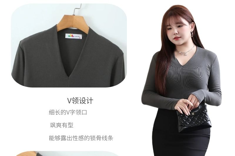 V-Neck Long Sleeve Solid T-Shirt