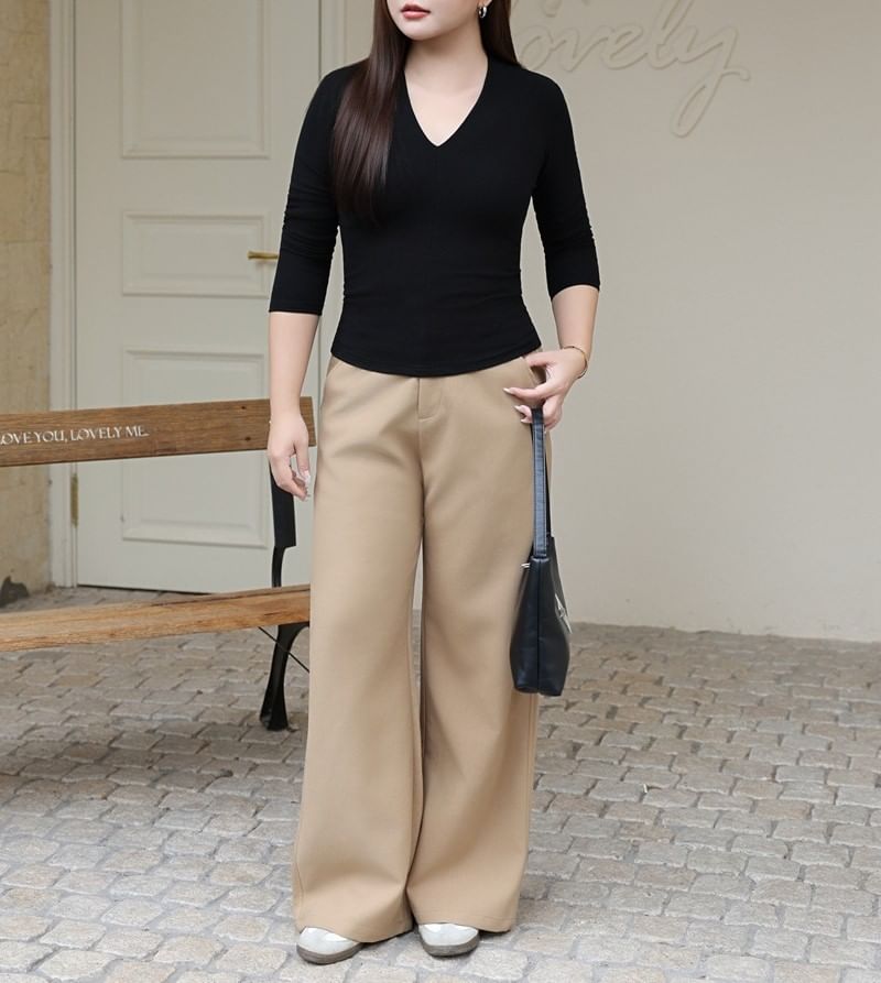 V-Neck Long Sleeve Solid T-Shirt