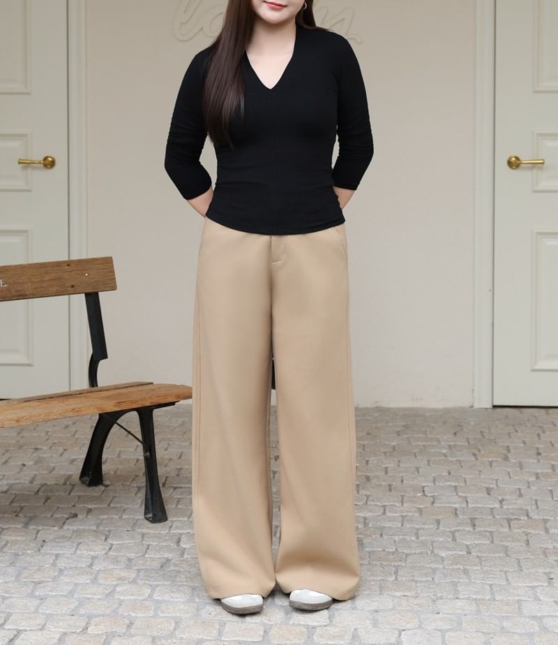 V-Neck Long Sleeve Solid T-Shirt