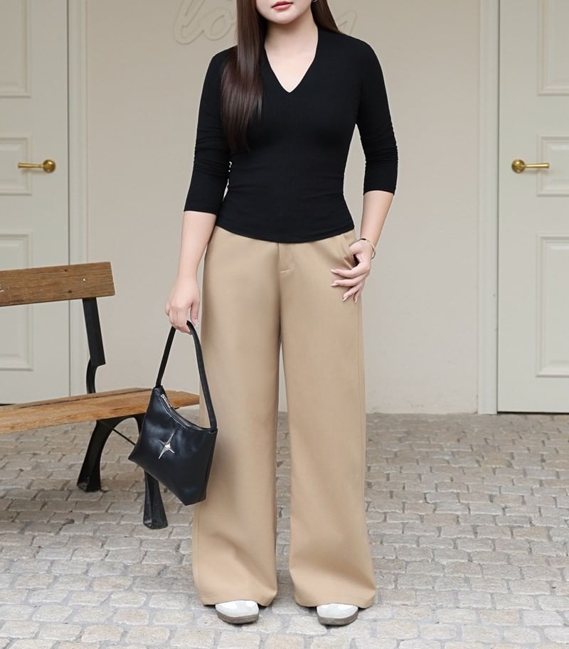 V-Neck Long Sleeve Solid T-Shirt