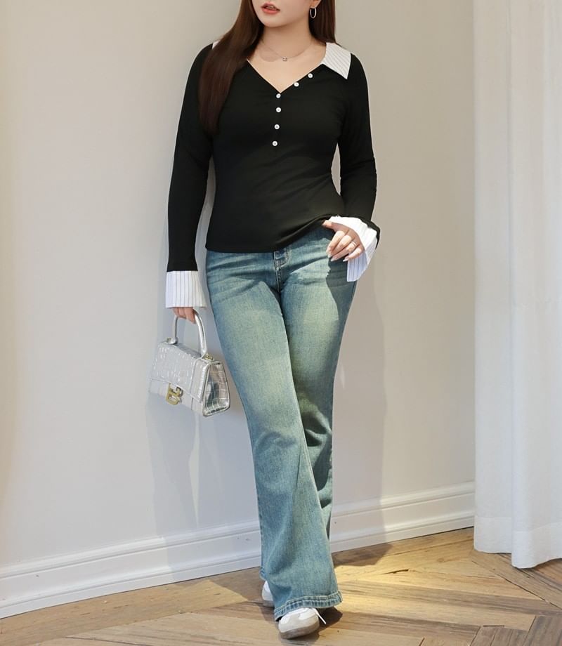 Two-Tone Long Sleeve Polo Shirt