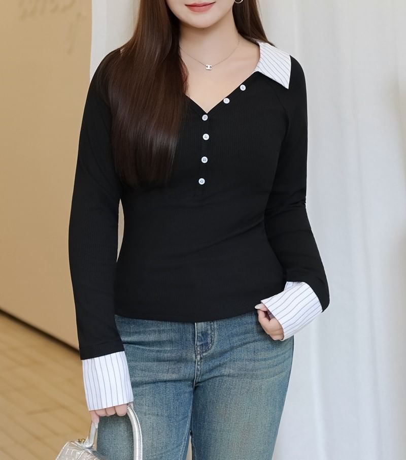 Two-Tone Long Sleeve Polo Shirt