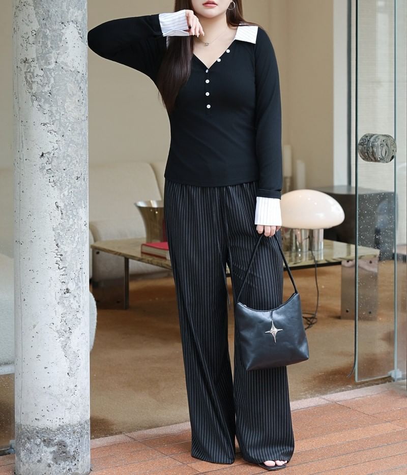 Two-Tone Long Sleeve Polo Shirt