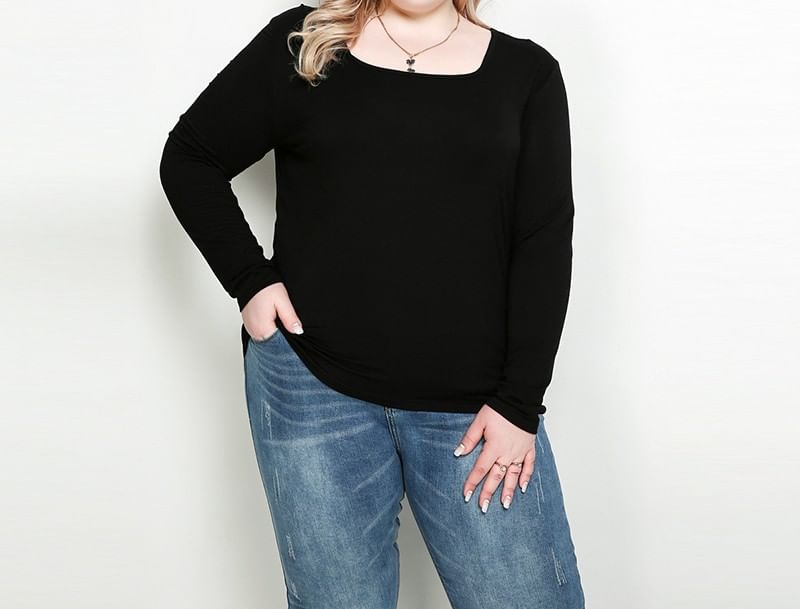 Square Neck Long Sleeve Solid T-Shirt