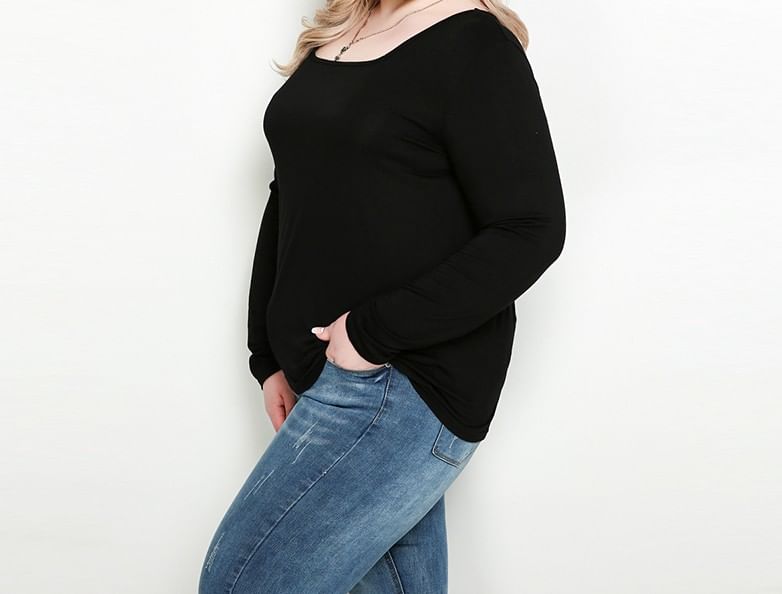 Square Neck Long Sleeve Solid T-Shirt