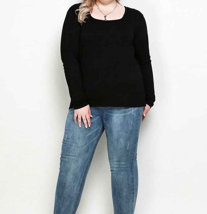 Square Neck Long Sleeve Solid T-Shirt