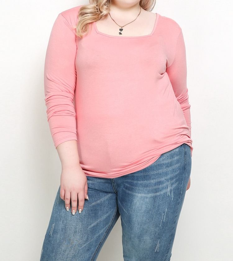 Square Neck Long Sleeve Solid T-Shirt