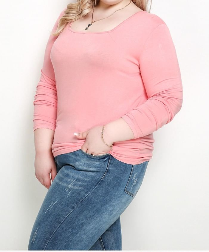 Square Neck Long Sleeve Solid T-Shirt