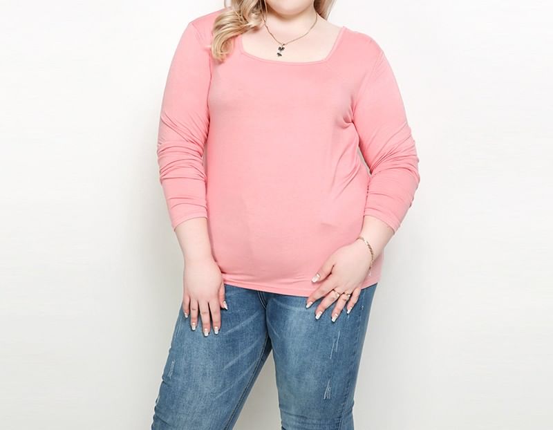 Square Neck Long Sleeve Solid T-Shirt