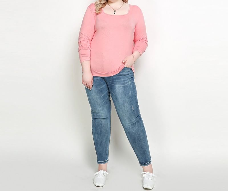 Square Neck Long Sleeve Solid T-Shirt