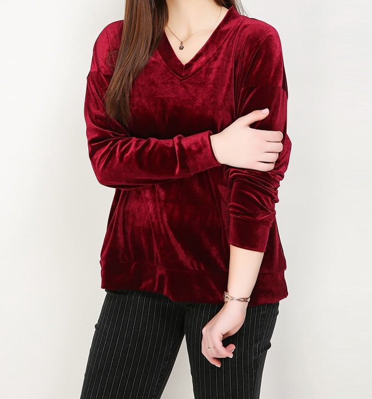 Velvet V-Neck Sweatshirt, Solid Color, Soft Texture, Relaxed Fit