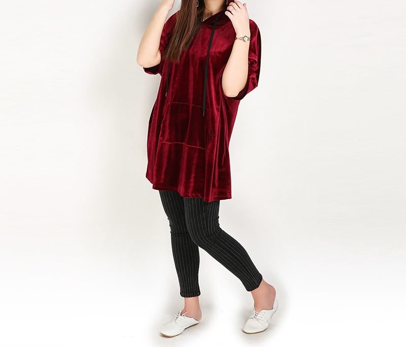 Short Sleeve Solid Velvet Long Hoodie