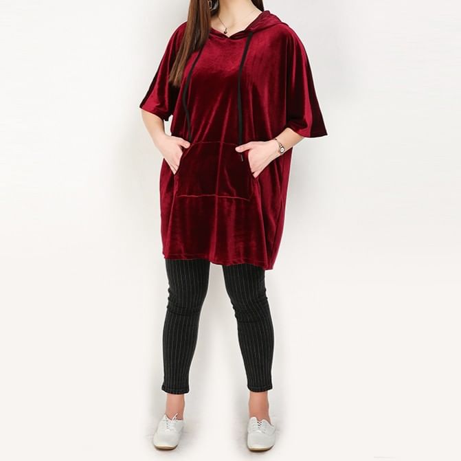 Short Sleeve Solid Velvet Long Hoodie