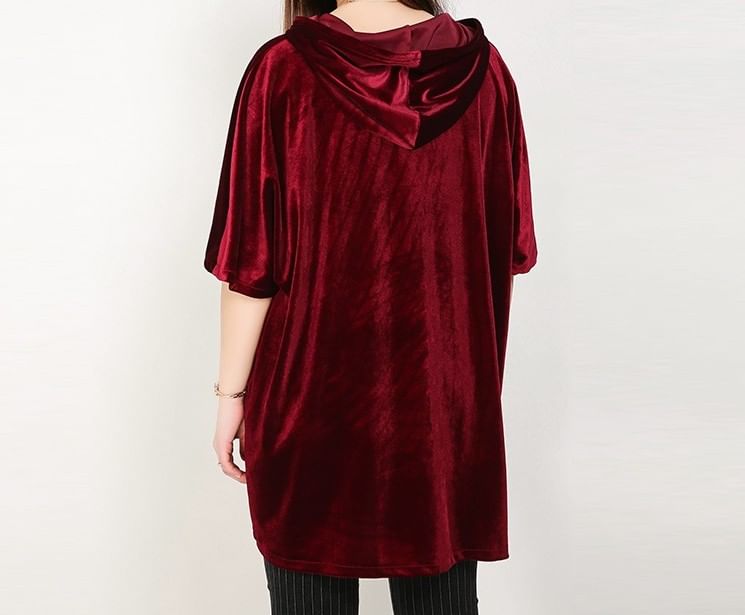 Short Sleeve Solid Velvet Long Hoodie