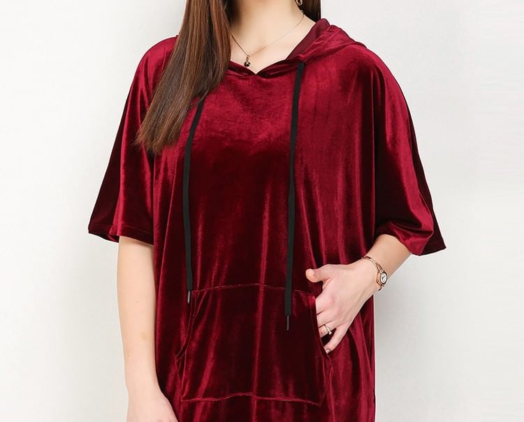 Short Sleeve Solid Velvet Long Hoodie