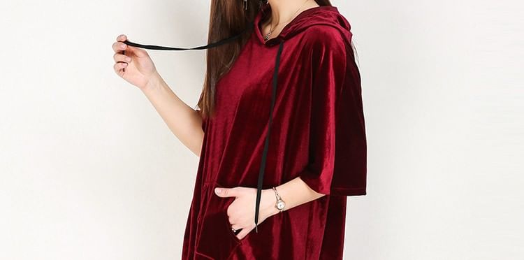 Short Sleeve Solid Velvet Long Hoodie
