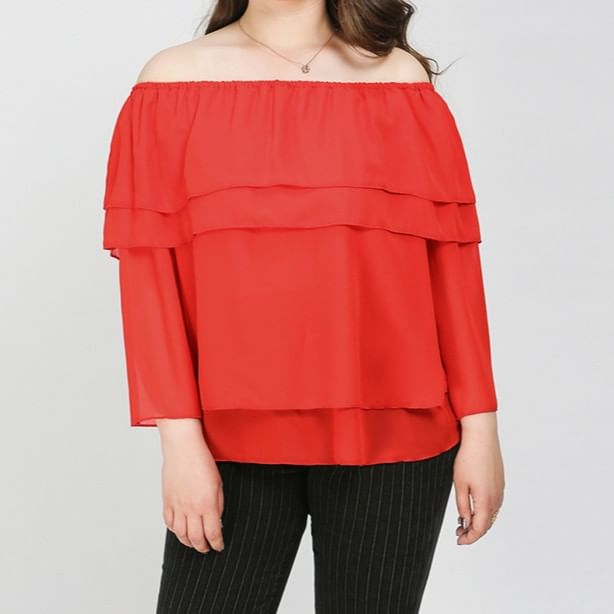 Bracelet Sleeve Off Shoulder Solid Ruffle Blouse