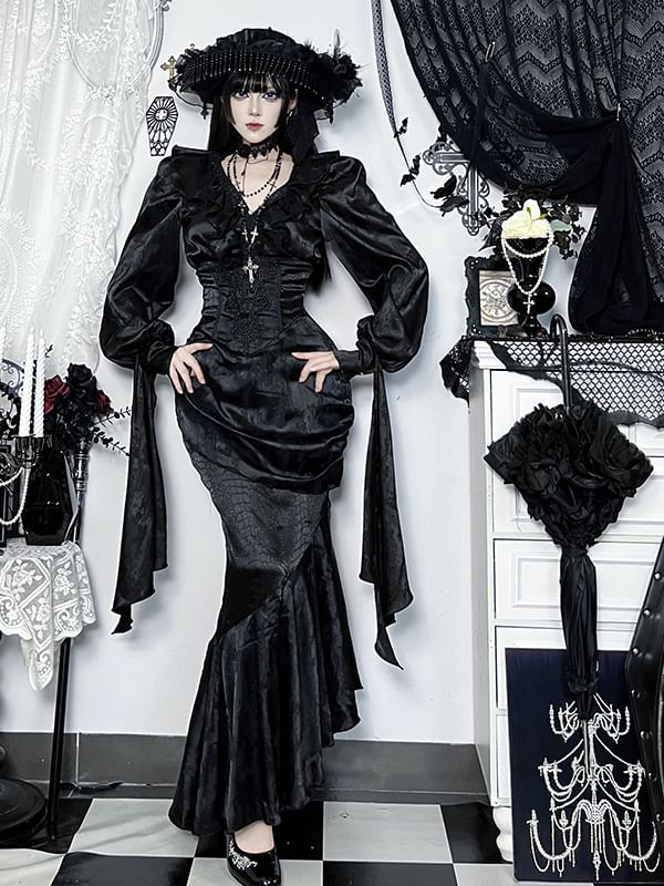 V-Neck Long Sleeve Cinched Solid Top & High Rise Asymmetric Mermaid Skirt