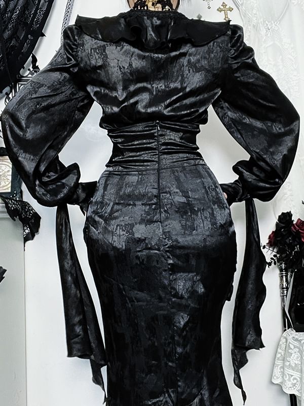 V-Neck Long Sleeve Cinched Solid Top & High Rise Asymmetric Mermaid Skirt