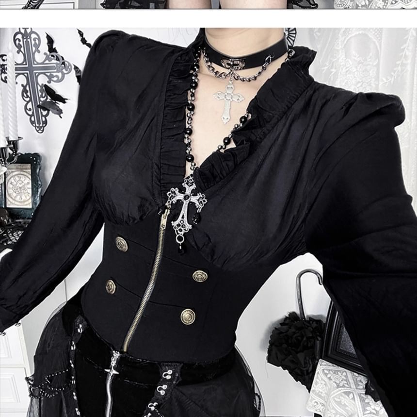 V-Neck Long Sleeve Zip-Up Solid Crop Top