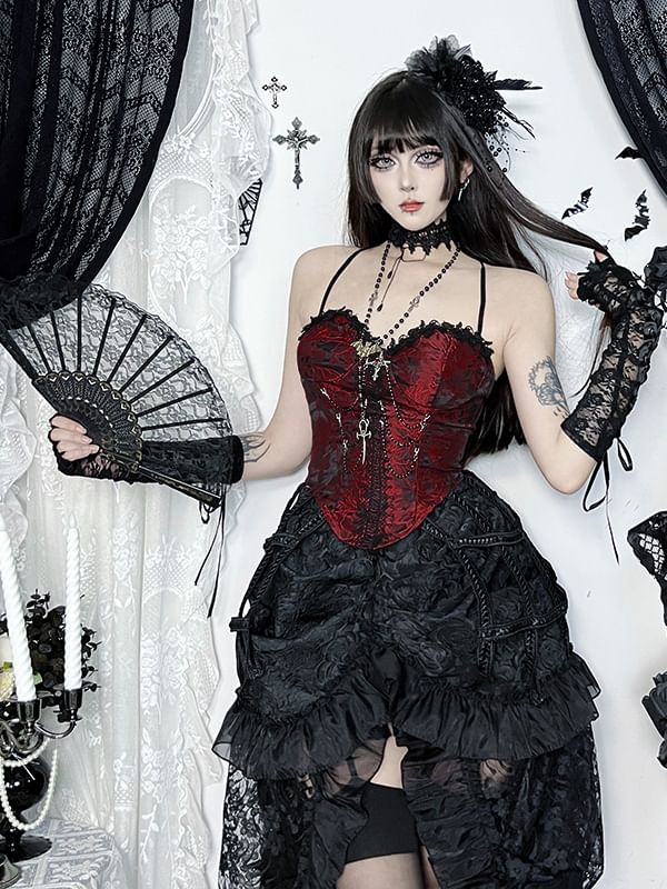 Lace Crop Corset Top & High Rise Lace Maxi Tiered Skirt