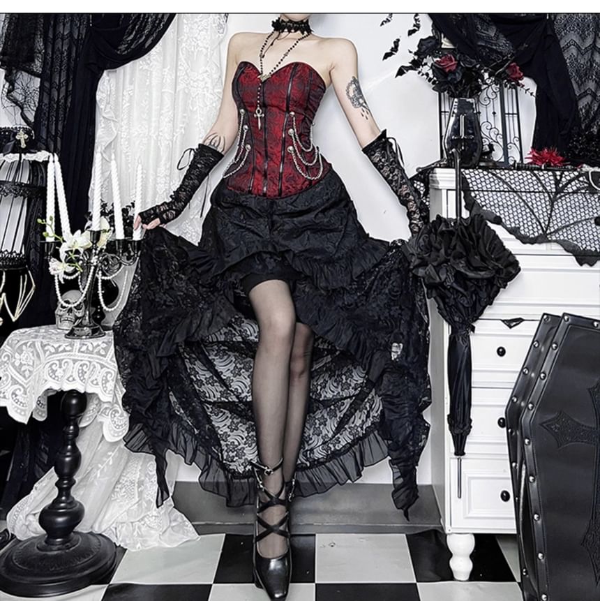 Lace Crop Corset Top & High Rise Lace Maxi Tiered Skirt