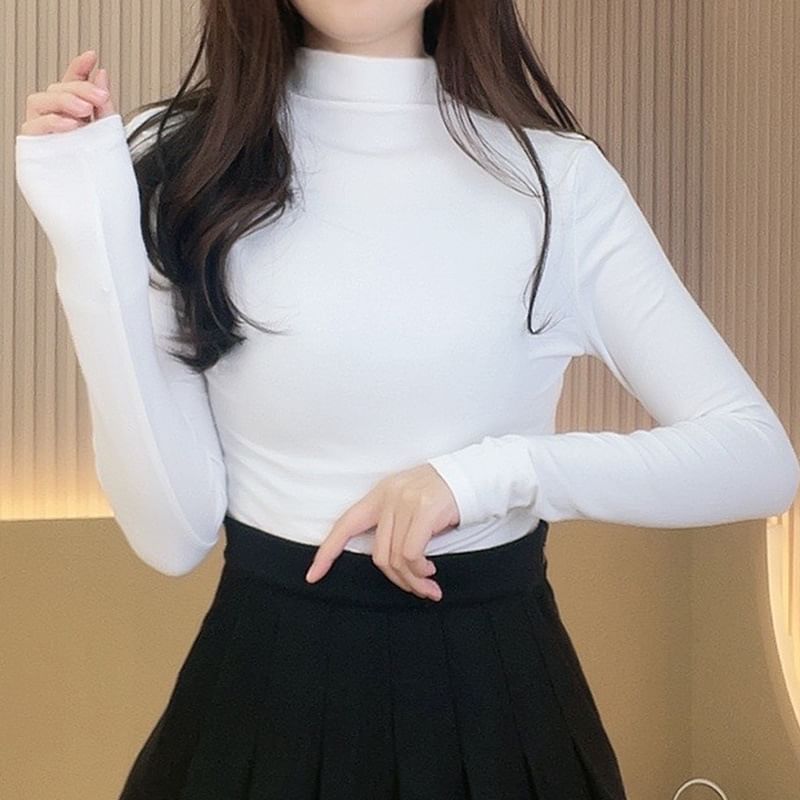Mock Neck Long Sleeve Solid T-Shirt